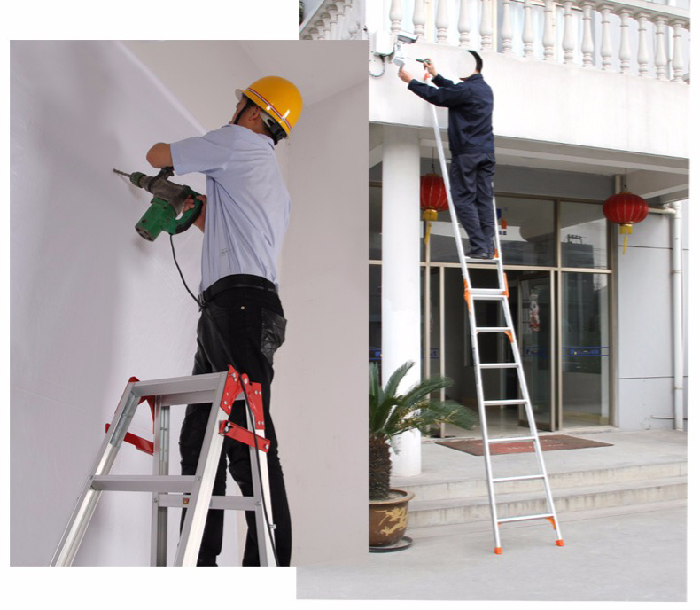 Thang Nhôm Nikawa: Chọn Theo Hãng Và Hồ Sơ Kỹ Thuật 2 Cây thang nhôm gấp gọn đặt cạnh tường xưởng để so sánh kích thước khi thu
