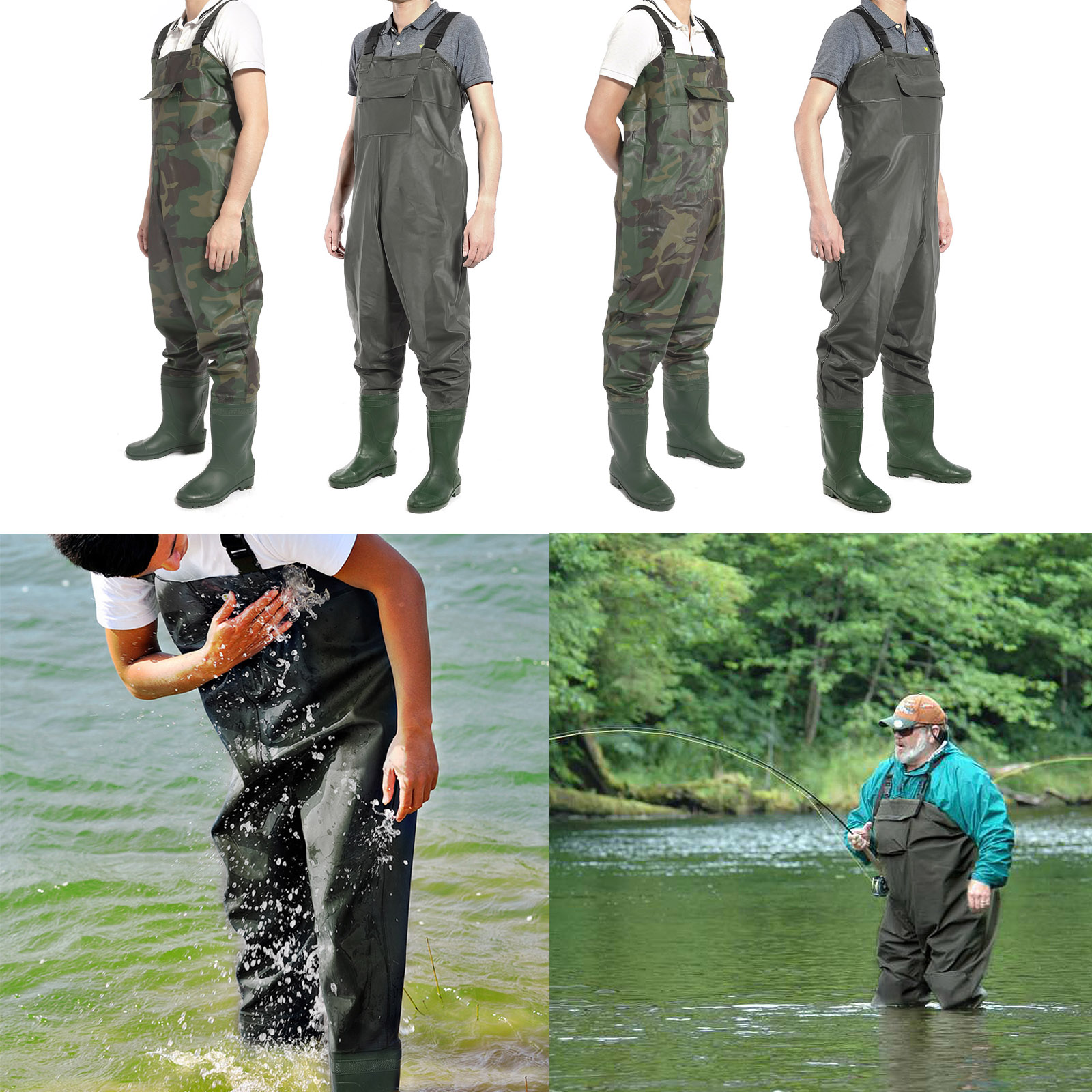 Bộ ủng liền quần cao su màu đen với dây đeo vai dùng khi lội nước sâu ngang ngực