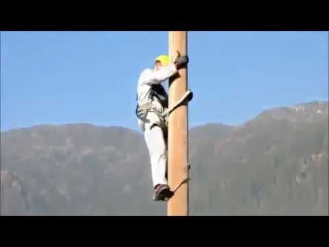 Thợ điện đội mũ bảo hộ dùng guốc trèo bám thân cột điện, có dây quàng thân