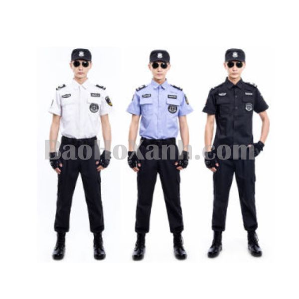 Ba mẫu đồng phục bảo vệ khác màu xếp cạnh nhau để so sánh kiểu dáng