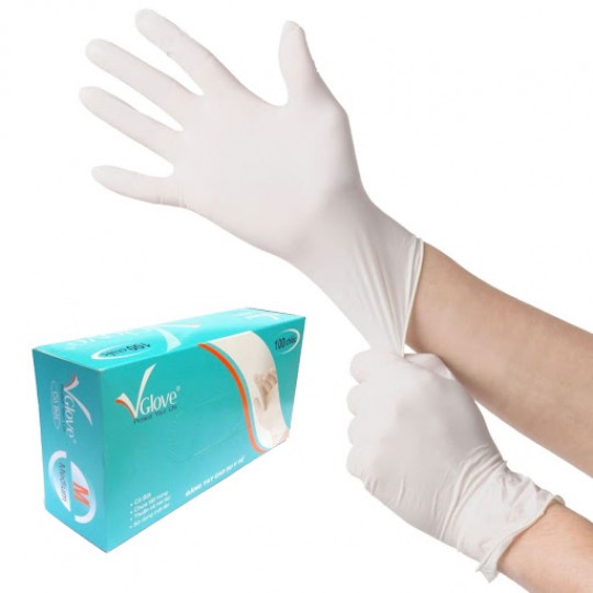 Găng tay y tế Vglove dạng có bột màu cao su tự nhiên