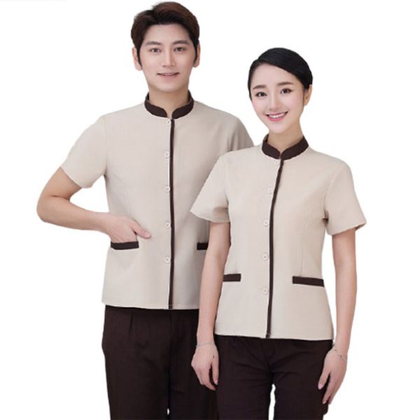 Áo tạp vụ phối viền nổi bật DTV0004 dùng màu viền để phân nhóm nhân viên