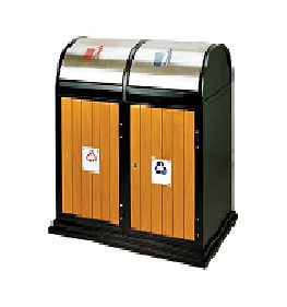 Thùng rác gỗ hai ngăn trên khung thép có nắp lật xoay bằng inox