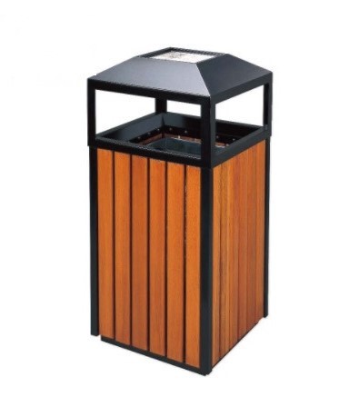 Thùng rác gỗ vuông đầu dùi có cửa bỏ rác bốn mặt và khay gạt tàn inox