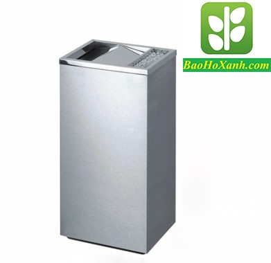 Thùng rác inox hình chữ nhật có gạt tàn thuốc đặt tại sảnh toà nhà văn phòng