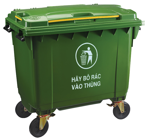 Thùng rác công cộng 660 lít bằng composite có nắp và bốn bánh xe