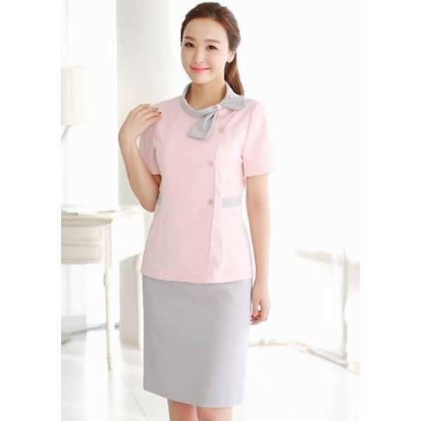 Mẫu Đồng Phục Spa Cổ Tròn Đính Nơ Kèm Chân Váy - DSP0003